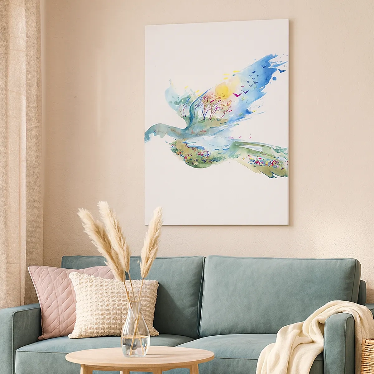 Impression sur toile - Image sur toile - Composition à l'aquarelle d'un oiseau avec des éléments de la nature - 50x70cm - Sur les ailes de la nature - Décoration murale moderne pour le salon et la chambre ARTTOR