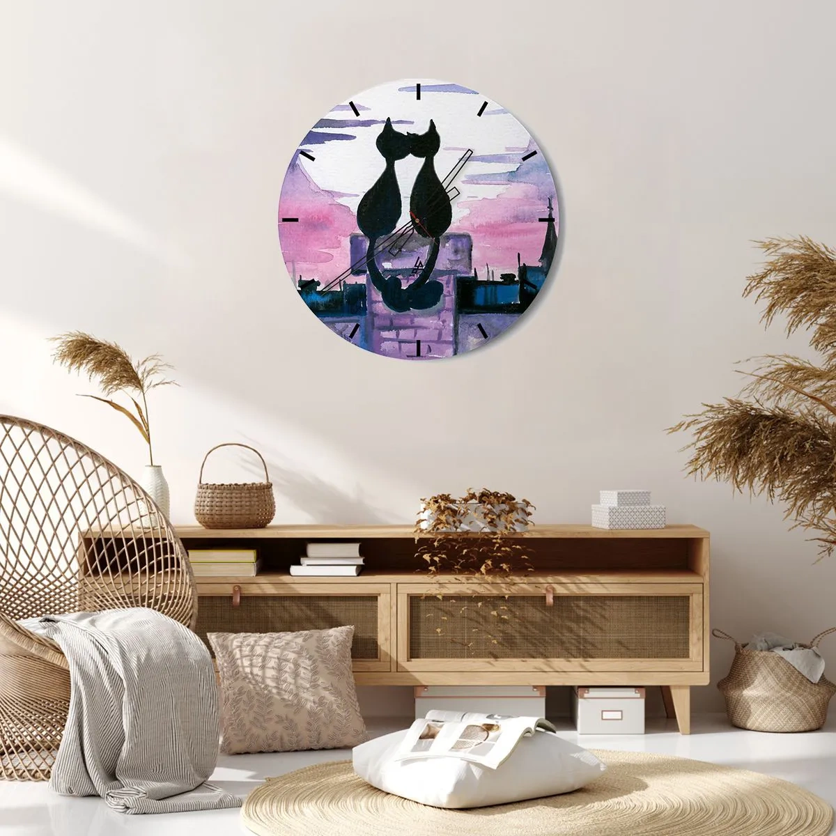 Horloge murale - Pendule murale - Silhouettes de deux chats contre le ciel rose - 30x30cm - Rendez-vous sous la lune - Décoration murale moderne pour le salon, la cuisine et la chambre ARTTOR