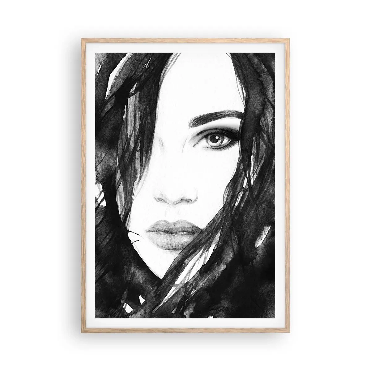 Affiche dans un chêne clair - Poster - Portrait d'une dame en noir et blanc - 70x100 cm