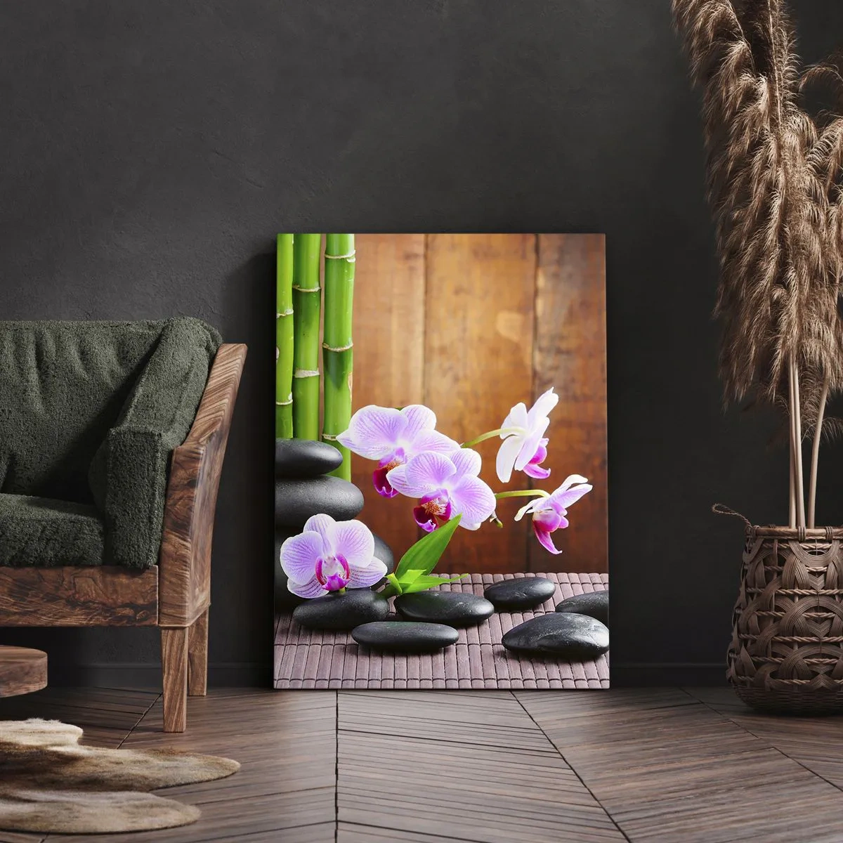 Impression sur toile - Image sur toile - Bambou de style zen, pierres et orchidées roses sur fond de bois - 50x70cm - Rencontrez les plaisirs de l'est - Décoration murale moderne pour le salon et la chambre ARTTOR