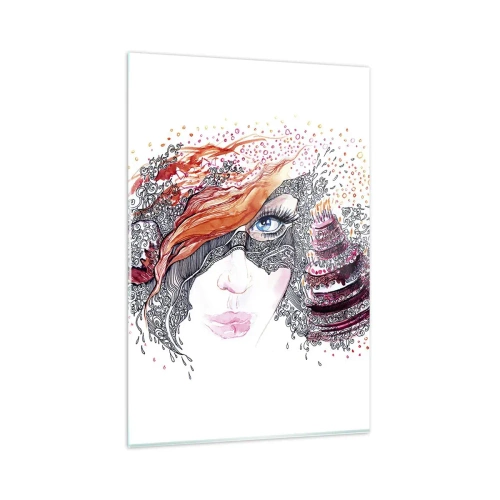 Impression sur verre - Image sur verre - Portrait artistique d'une femme avec des détails et un accent rouge - 80x120cm - Avec elle, c'est tous les jours la fête - Décoration murale moderne pour le salon et la chambre ARTTOR