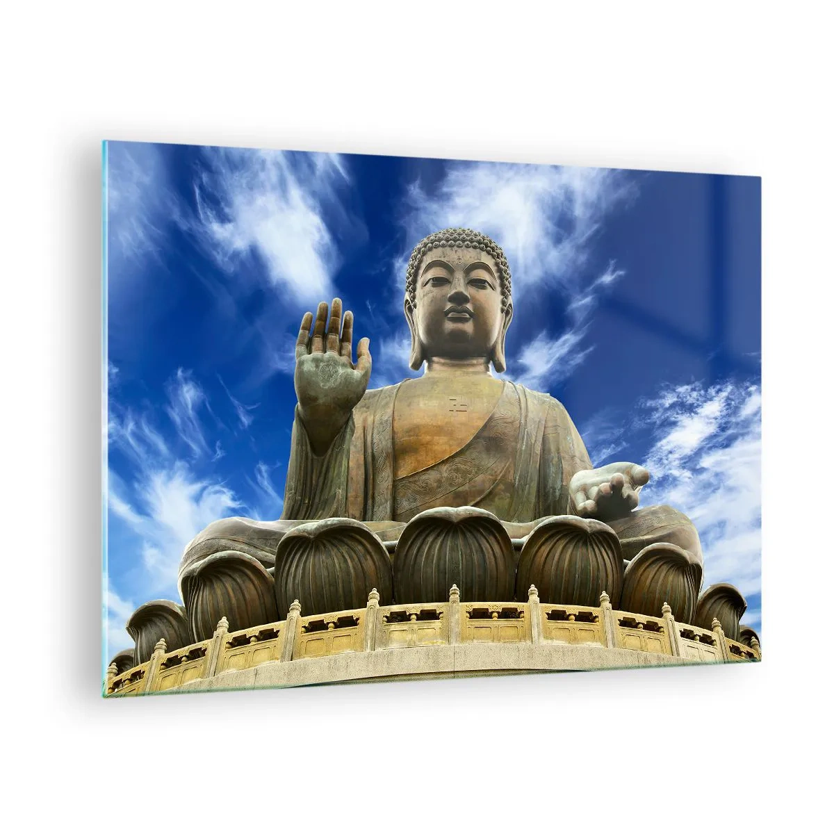 Impression sur verre - Image sur verre - Une grande statue de Bouddha contre un ciel bleu - 70x50cm - Vivre sans peur - Décoration murale moderne pour le salon et la chambre ARTTOR