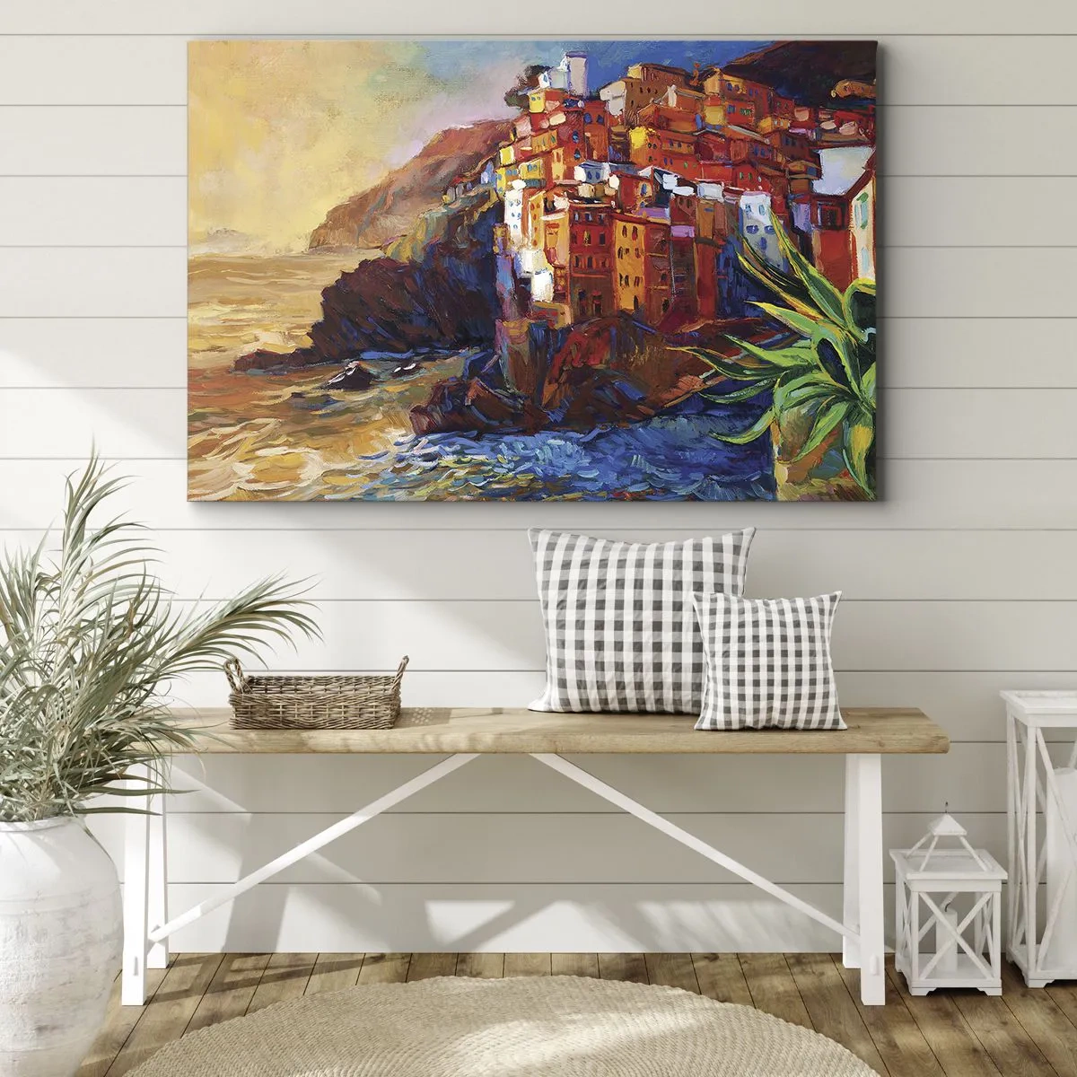 Impression sur toile - Image sur toile - Maisons colorées sur une falaise au-dessus de la mer - 70x50cm - Climats italien - Décoration murale moderne pour le salon et la chambre ARTTOR