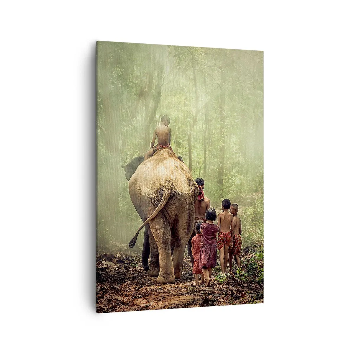 Impression sur toile - Image sur toile - Enfants avec un éléphant dans une forêt verte à la lumière du matin - 70x100cm - Nouveau livre de la jungle - Décoration murale moderne pour le salon et la chambre ARTTOR