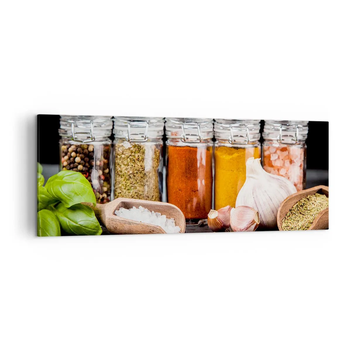 Impression sur toile - Image sur toile - Herbes et épices dans des bocaux en verre sur fond sombre - 140x50cm - Pour que la vie ait du goût - Décoration murale moderne pour le salon et la chambre ARTTOR