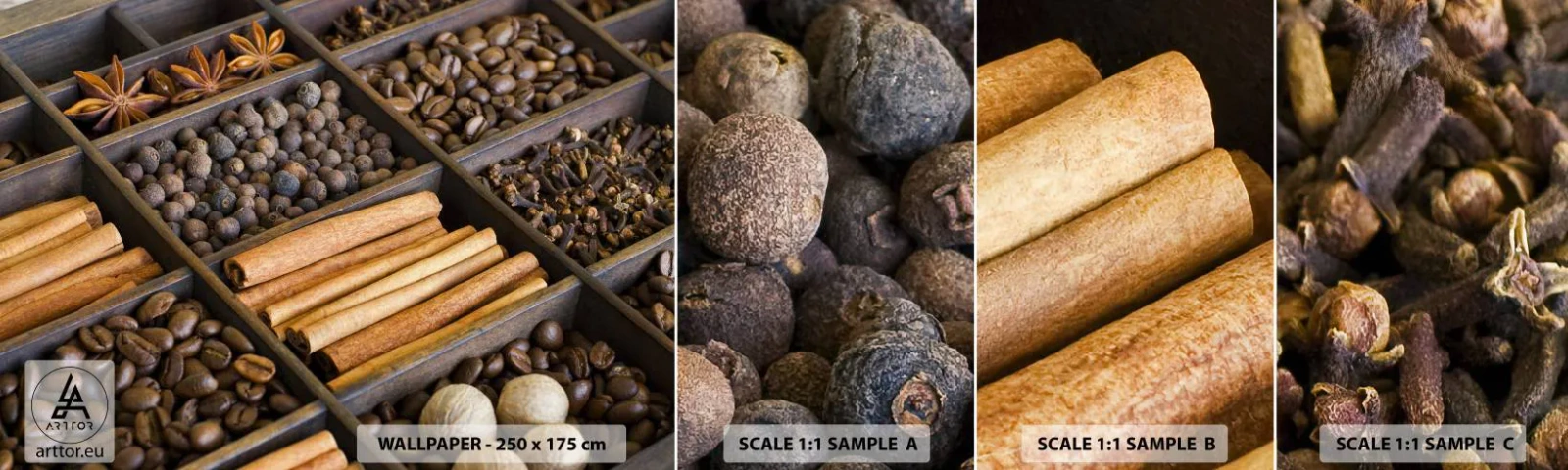 Échantillon de Papier Peint Autocollant Deluxe Sticker - Trésor d'arômes - Épices, Café, Cannelle - 100x30 cm