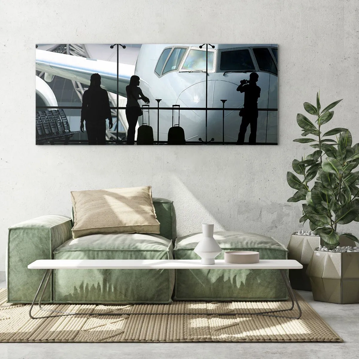 Impression sur verre - Image sur verre - Aéroport avec des silhouettes de personnes et une vue de l'avion - 140x50cm - Vis-à-vis de l'aéroport - Décoration murale moderne pour le salon et la chambre ARTTOR