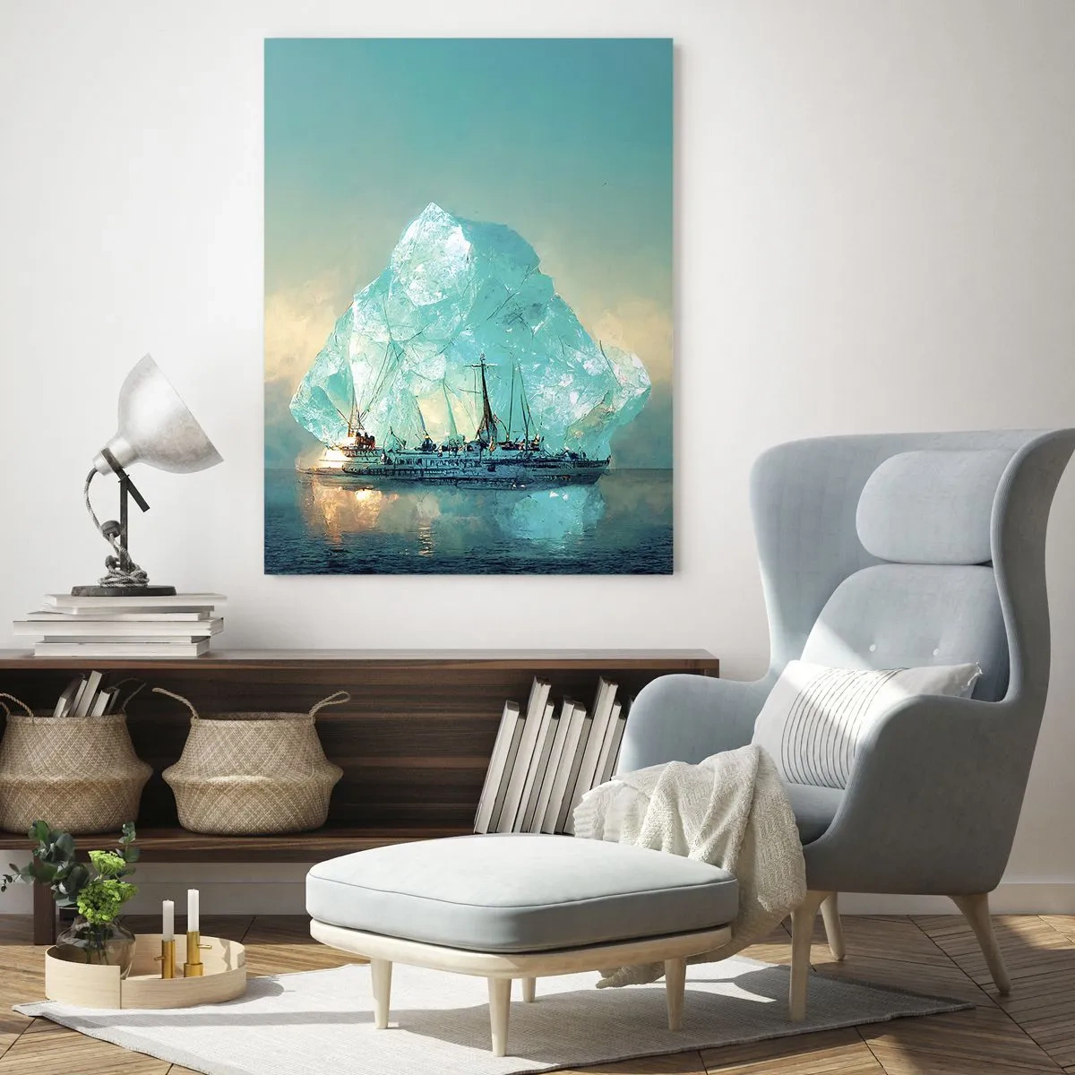 Impression sur verre - Image sur verre - Un voilier devant un immense glacier dans la lumière arctique. - 50x70cm - Diamant arctique - Décoration murale moderne pour le salon et la chambre ARTTOR