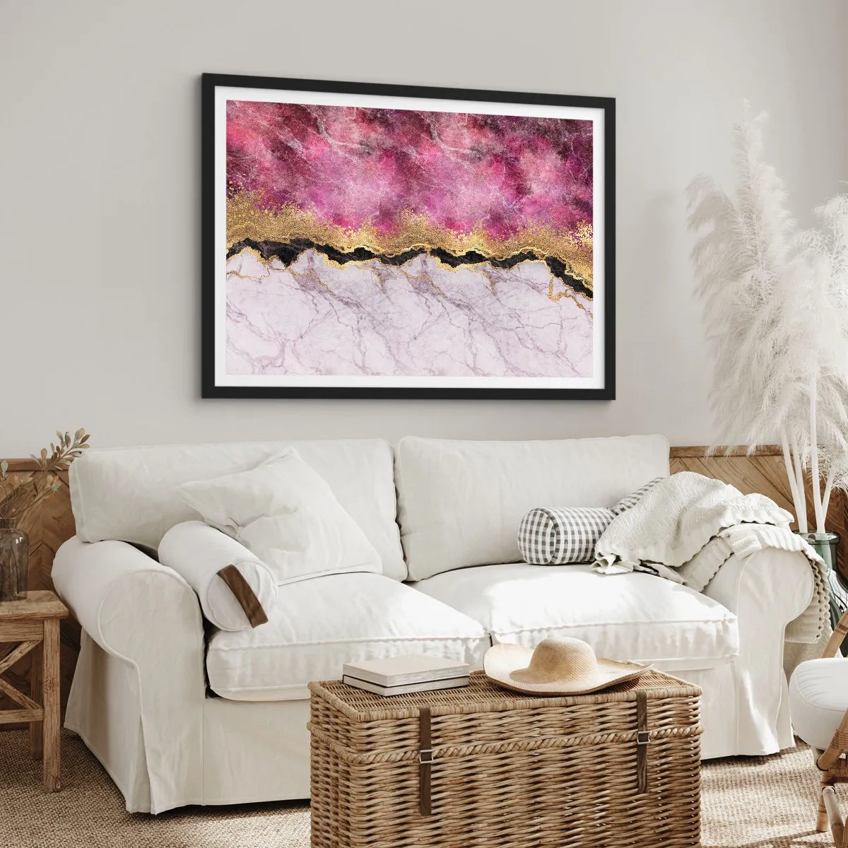 Affiche dans un cadre noir - Poster - Marbre abstrait dans des tons de rose avec des accents dorés - 100x70cm - À la frontière - Décoration murale moderne pour le salon et la chambre ARTTOR