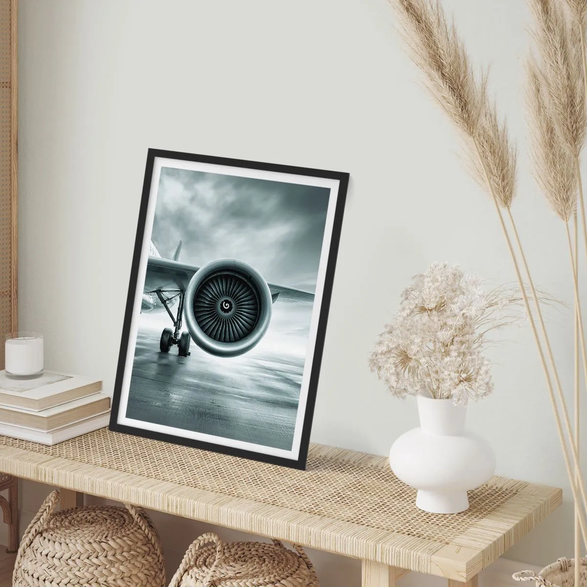 Affiche dans un cadre noir - Poster - Un moteur à réaction d'avion aux tons monochromes - 50x70cm - Sent la force! - Décoration murale moderne pour le salon et la chambre ARTTOR