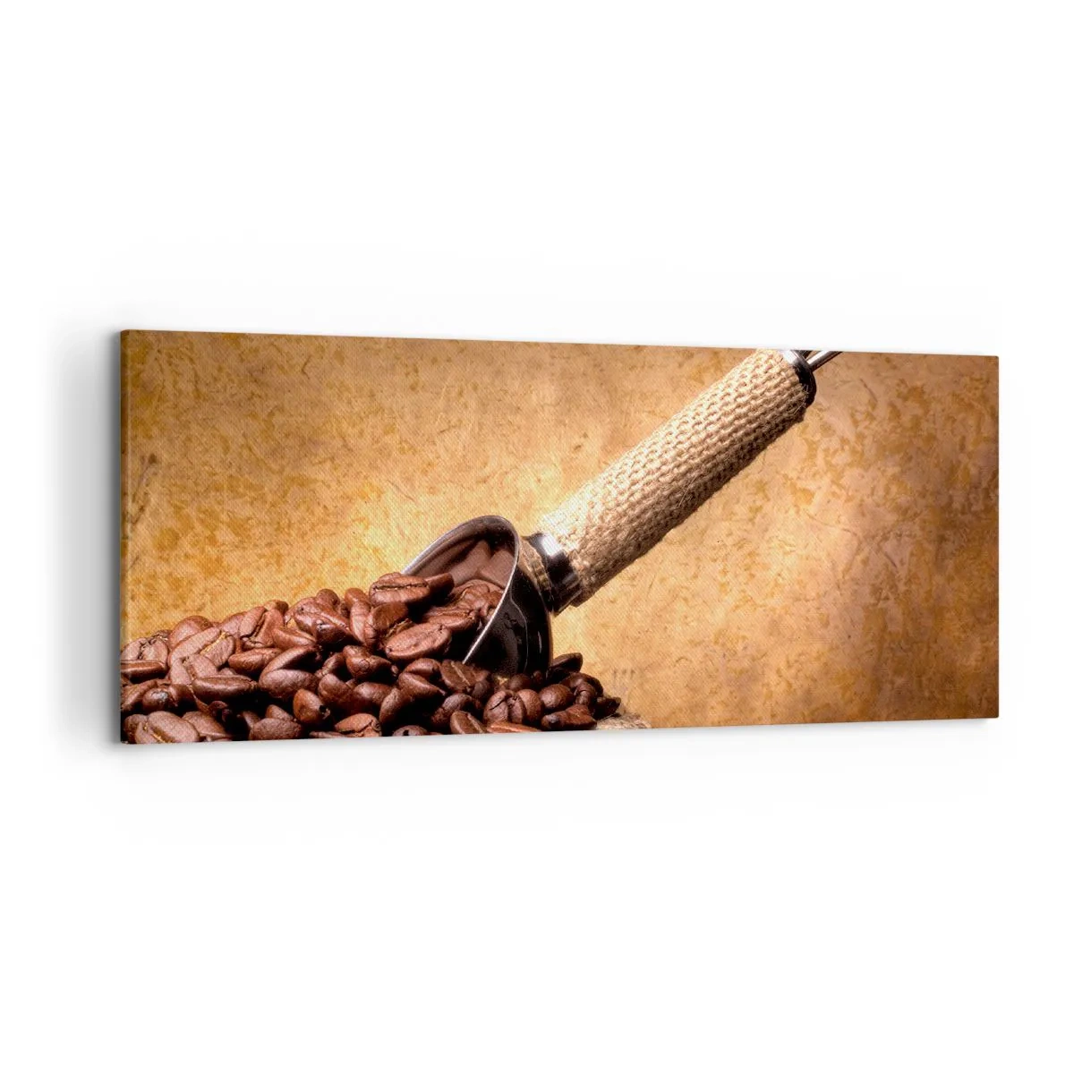 Impression sur toile - Image sur toile - Grains de café dans un sac en jute avec une cuillère en métal - 120x50cm - A la source de la saveur - Décoration murale moderne pour le salon et la chambre ARTTOR