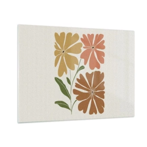 Impression sur verre - Image sur verre - Trois fleurs stylisées aux couleurs chaudes sur fond clair - 70x50cm - Nature et géométrie - Décoration murale moderne pour le salon et la chambre ARTTOR