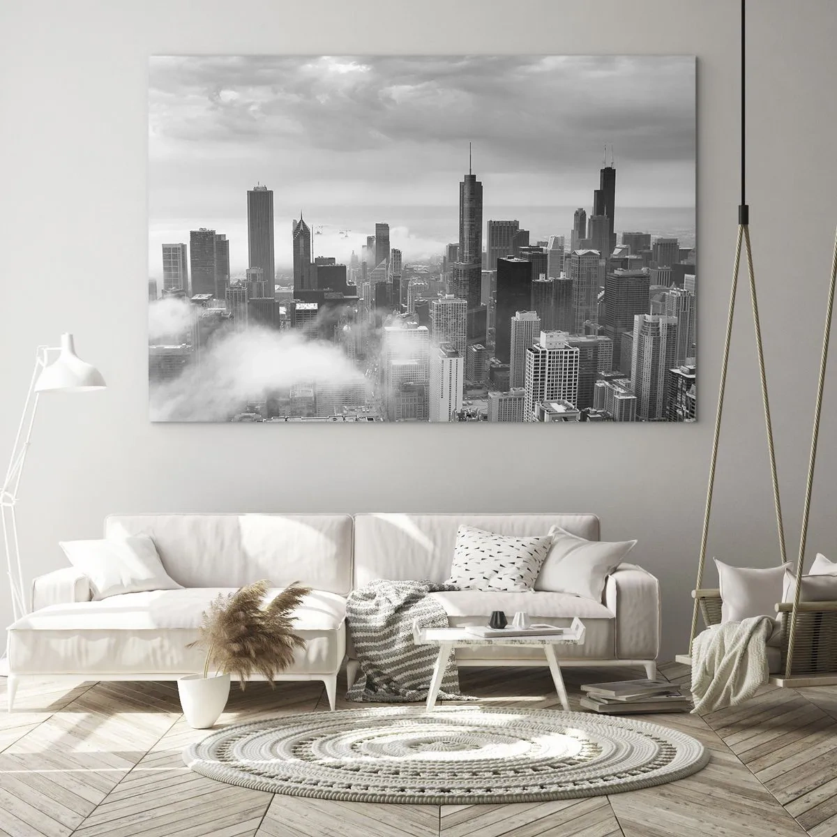 Impression sur verre - Image sur verre - Panorama de la ville avec des gratte-ciels en noir et blanc - 70x50cm - Paysage américain - Décoration murale moderne pour le salon et la chambre ARTTOR