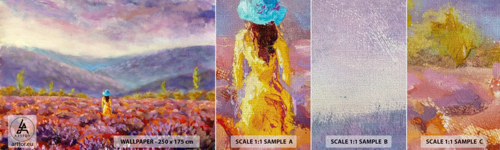 Échantillon de Papier Peint Premium Canvas - Dans un monde lavande - Paysage, Femme, Champ de lavande - 100x30 cm