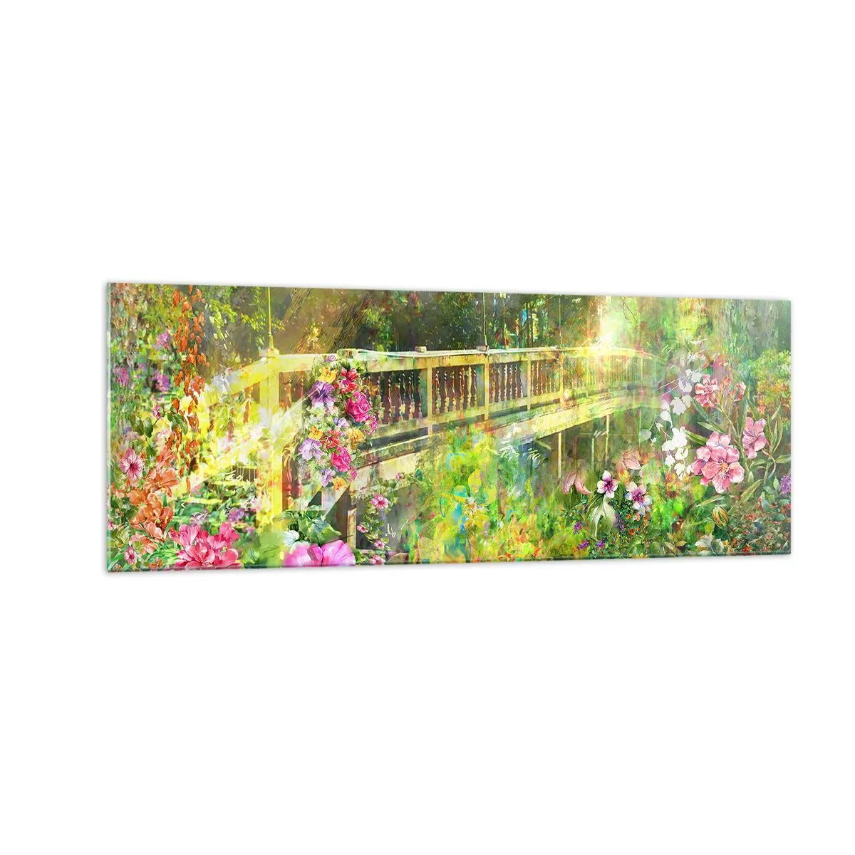 Impression sur verre - Image sur verre - Un pont entouré d'une végétation luxuriante et de fleurs - 140x50cm - Le soupire d'un pont de printemps - Décoration murale moderne pour le salon et la chambre ARTTOR