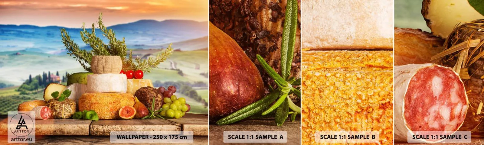Échantillon De Papier Peint Standard Eco - La joie de vivre à l'italienne - Toscane, Paysage, Fromages délicieux - 100x30 cm