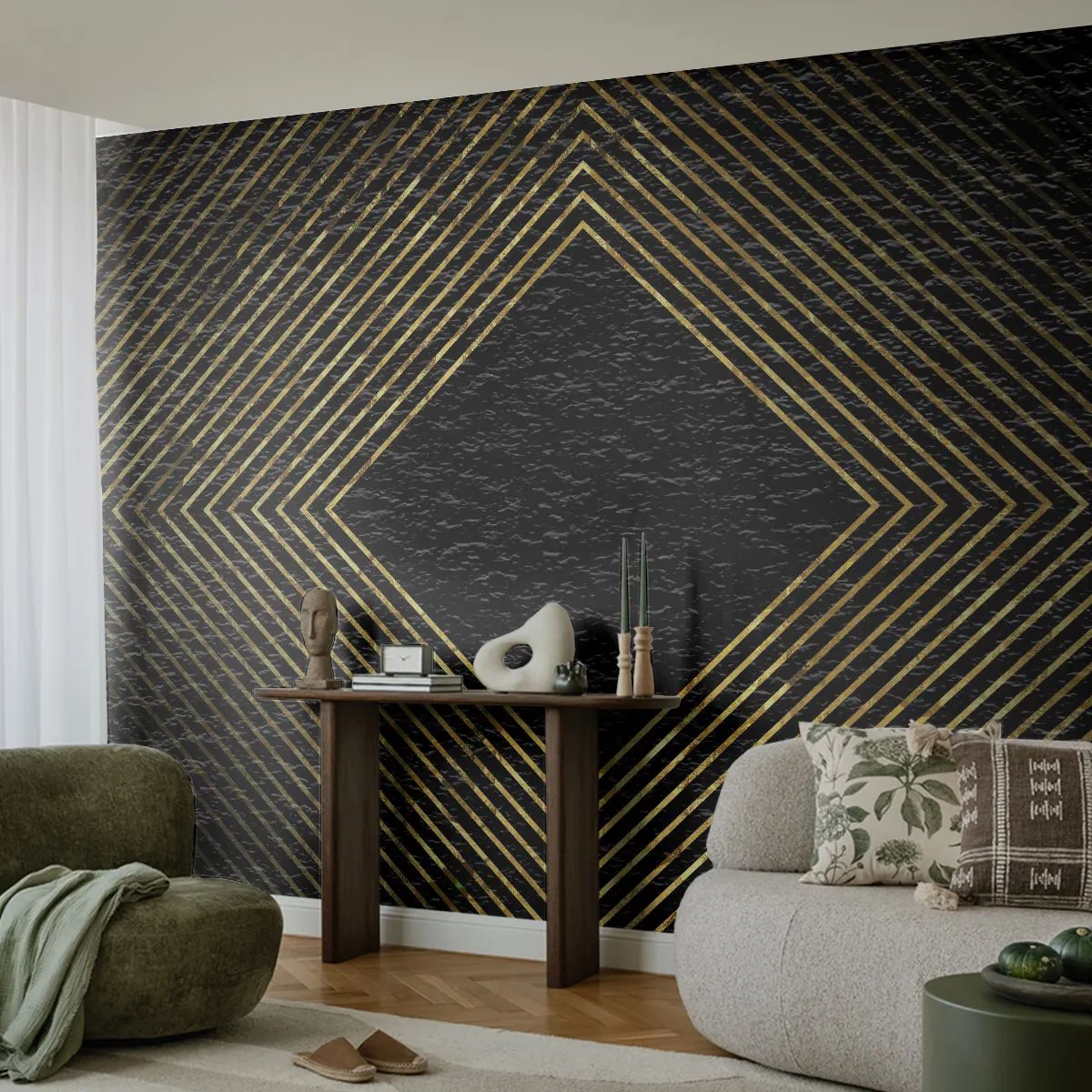 Papier Peint Photo Premium Sand - Lignes dorées formant un losange sur fond noir - 100x70cm - Géométrie dans un style glamour - Décoration murale moderne pour le salon et la chambre ARTTOR