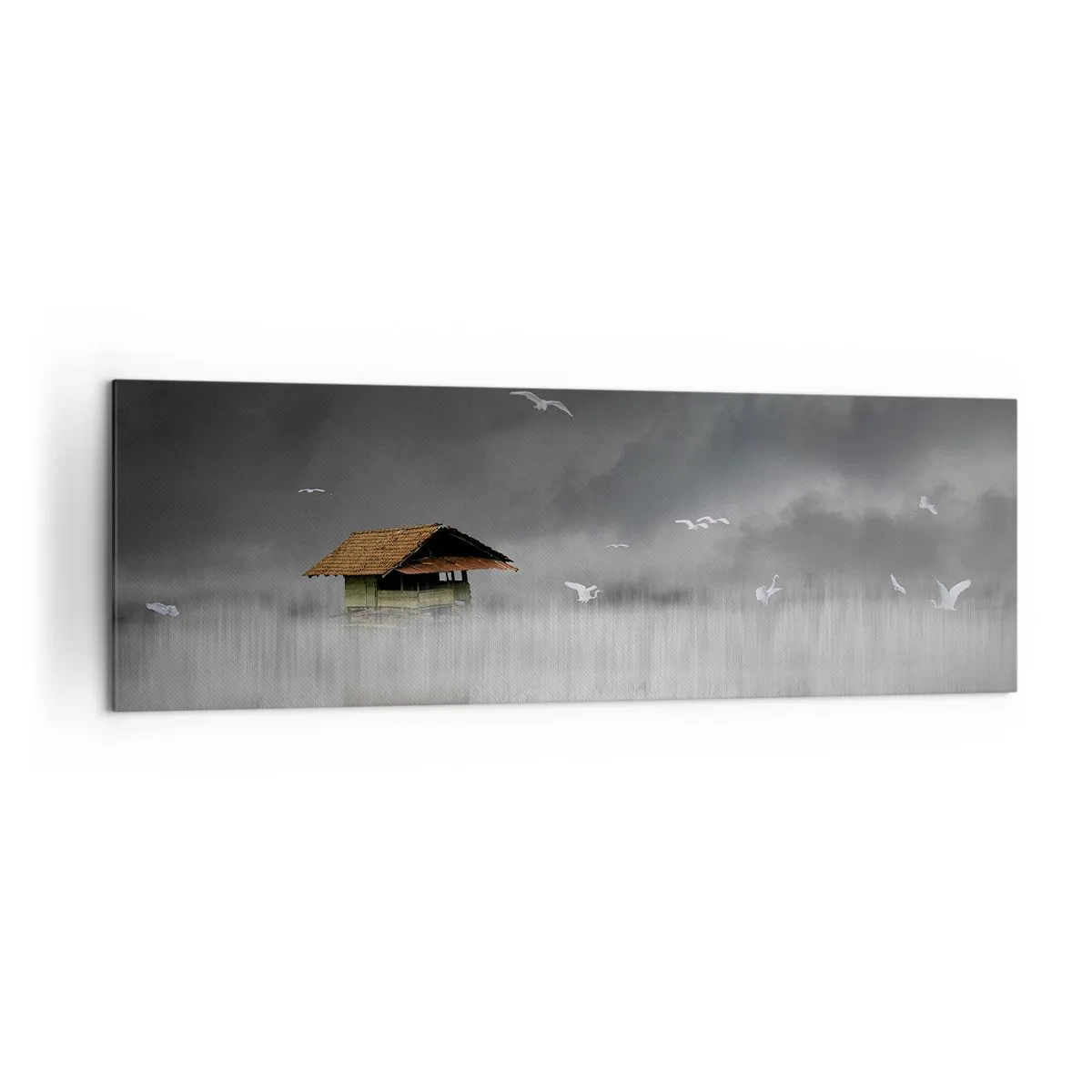 Impression sur toile - Image sur toile - Un chalet solitaire sur l'eau entouré de brouillard et d'oiseaux - 160x50cm - A l'abri de la pluie - Décoration murale moderne pour le salon et la chambre ARTTOR