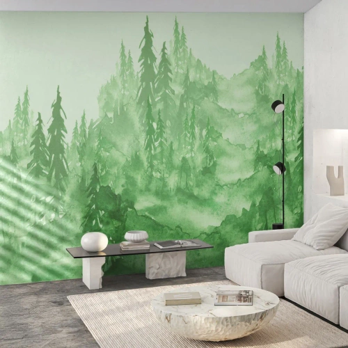 Papier peint sur mesure Premium Sand - Flou de brouillard vert - Forêt, Graphique, Paysage