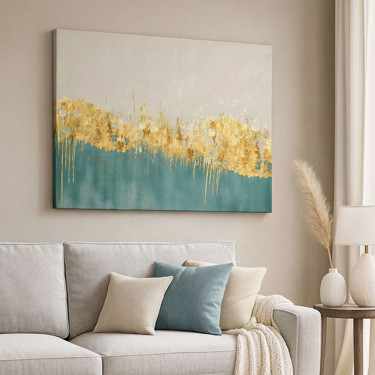 Impression sur toile - Image sur toile - Des accents dorés sur un fond vert-beige - 70x50cm - La frontière dorée - Décoration murale moderne pour le salon et la chambre ARTTOR