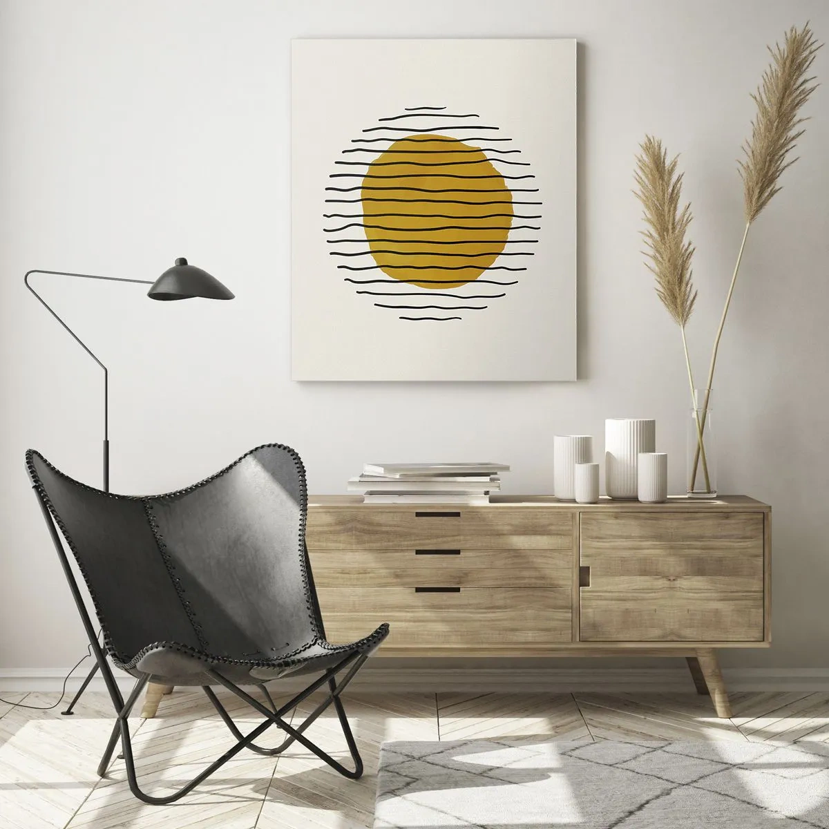 Impression sur verre - Image sur verre - Une composition minimaliste avec un cercle jaune et des lignes noires. - 50x70cm - Abstraction tremblante de chaleur - Décoration murale moderne pour le salon et la chambre ARTTOR
