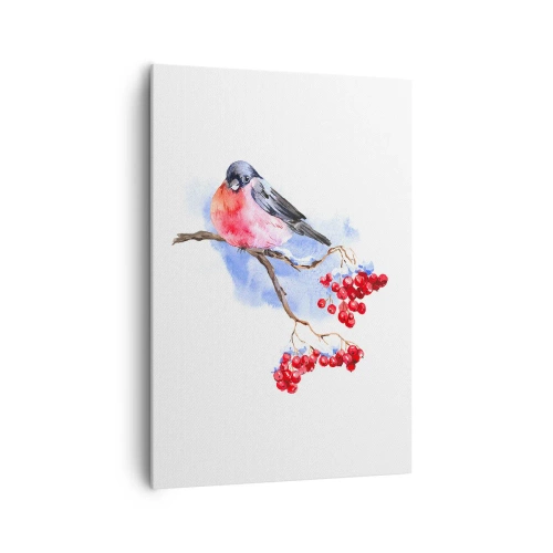 Impression sur toile - Image sur toile - Oiseau sur une branche avec des fruits rouges sur fond aquarelle - 70x100cm - L'hiver en couleurs - Décoration murale moderne pour le salon et la chambre ARTTOR