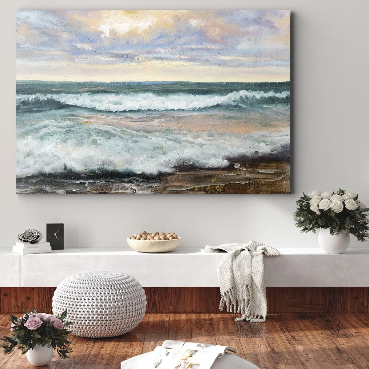 Impression sur toile - Image sur toile - Vagues de la mer contre un ciel nuageux au coucher du soleil - 100x70cm - Ici tu adouciras ton âme - Décoration murale moderne pour le salon et la chambre ARTTOR