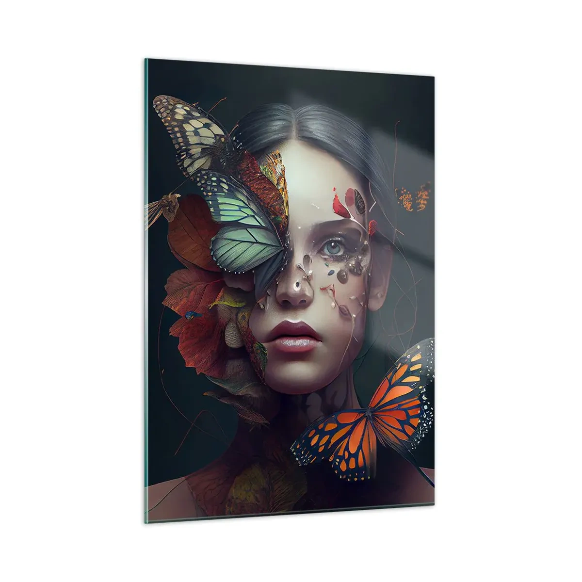 Impression sur verre - Image sur verre - Un visage de femme avec des papillons et des feuilles dans une composition artistique - 50x70cm - Une merveilleuse métamorphose - Décoration murale moderne pour le salon et la chambre ARTTOR