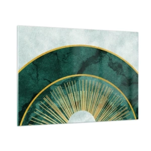 Impression sur verre - Image sur verre - Rayons dorés sur fond de demi-cercles verts avec une structure en marbre - 100x70cm - Un autre système solaire - Décoration murale moderne pour le salon et la chambre ARTTOR