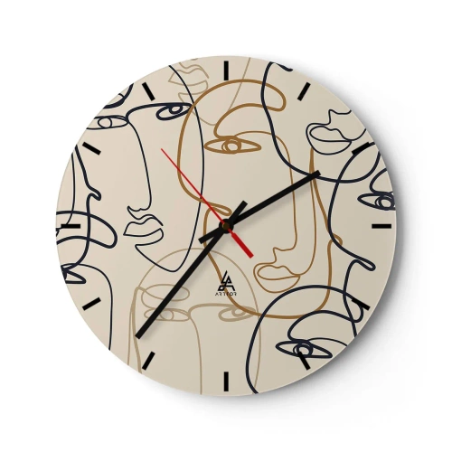 Horloge murale - Pendule murale - Visages contournés dans un style d'art linéaire sur un fond beige - 30x30cm - Portrait multiplié - Décoration murale moderne pour le salon, la cuisine et la chambre ARTTOR