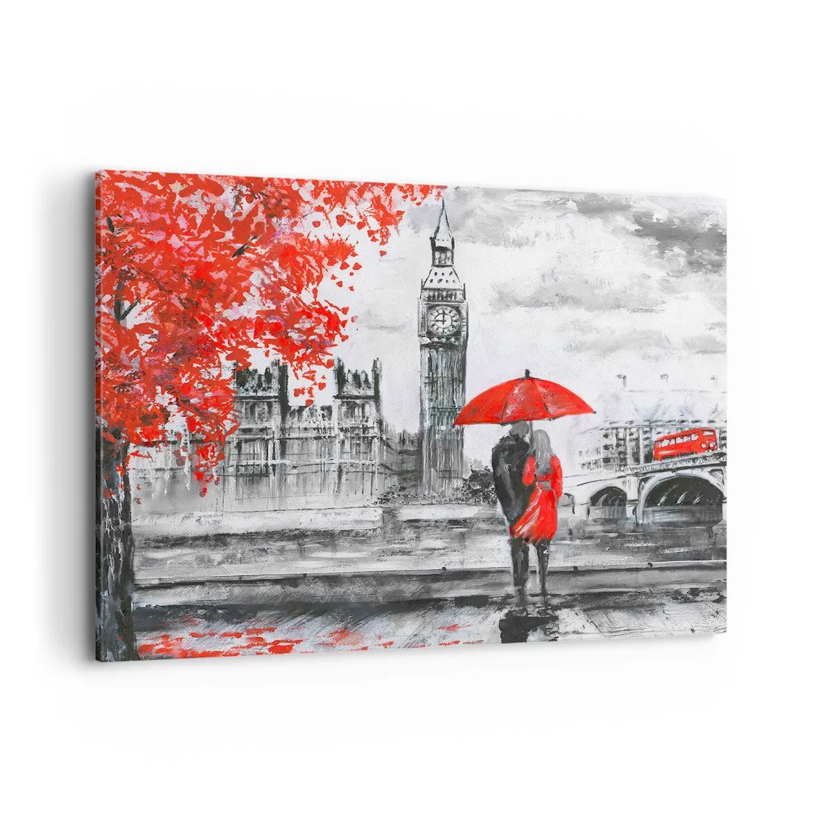 Impression sur toile - Image sur toile - Scène romantique avec Big Ben et un parapluie rouge - 100x70cm - Amoureux de Londres - Décoration murale moderne pour le salon et la chambre ARTTOR