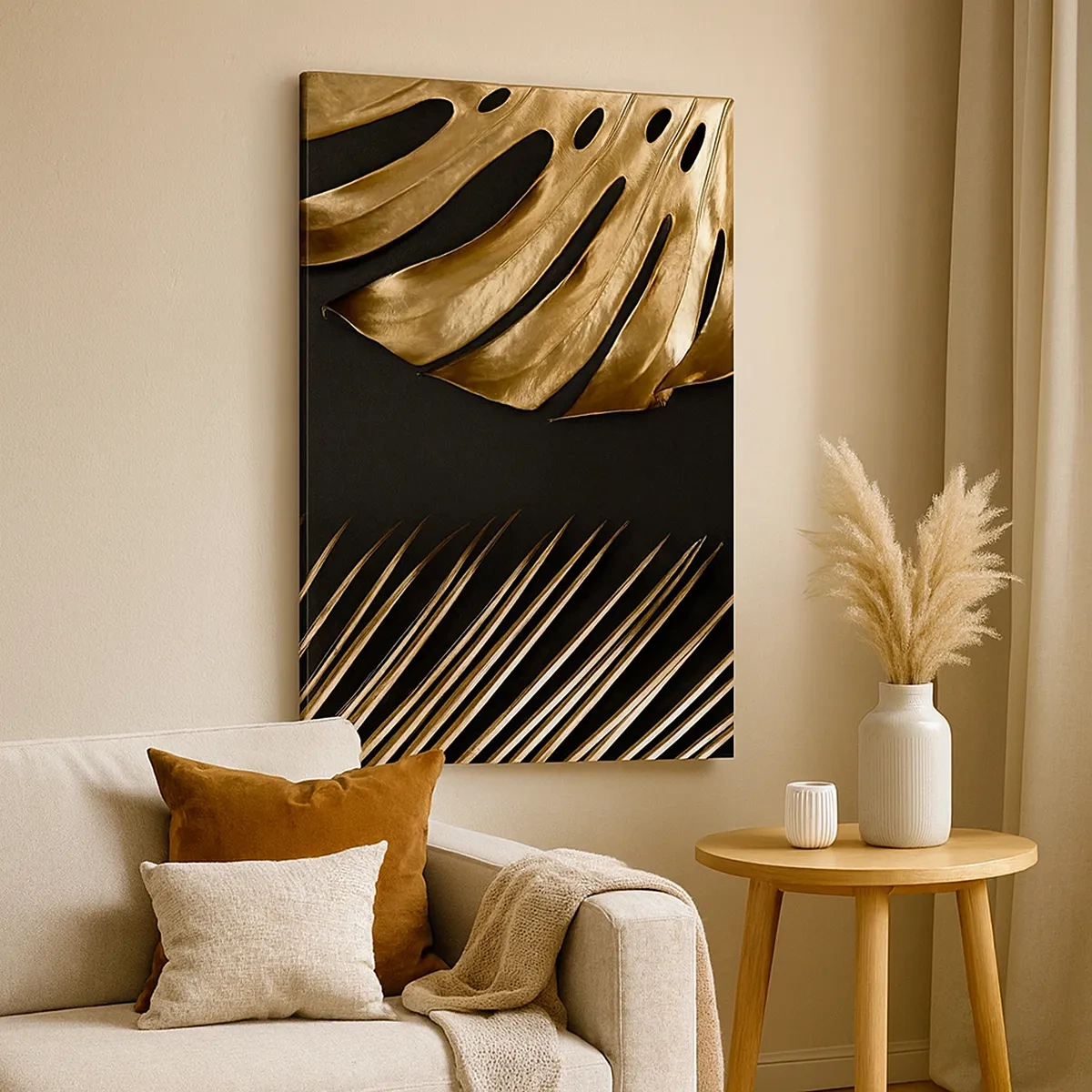 Impression sur toile - Image sur toile - Feuilles dorées sur fond noir - 50x70cm - Différent et tout aussi cher - Décoration murale moderne pour le salon et la chambre ARTTOR