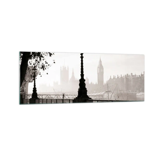 Impression sur verre - Image sur verre - Une vue monochrome de Big Ben et de la Tamise. - 140x50cm - Un matin londonien - Décoration murale moderne pour le salon et la chambre ARTTOR