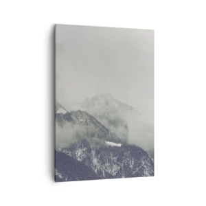 Impression sur toile - Image sur toile - Une vallée de montagne enveloppée de brume dans des nuances de gris - 50x70cm - Vallée brumeuse - Décoration murale moderne pour le salon et la chambre ARTTOR