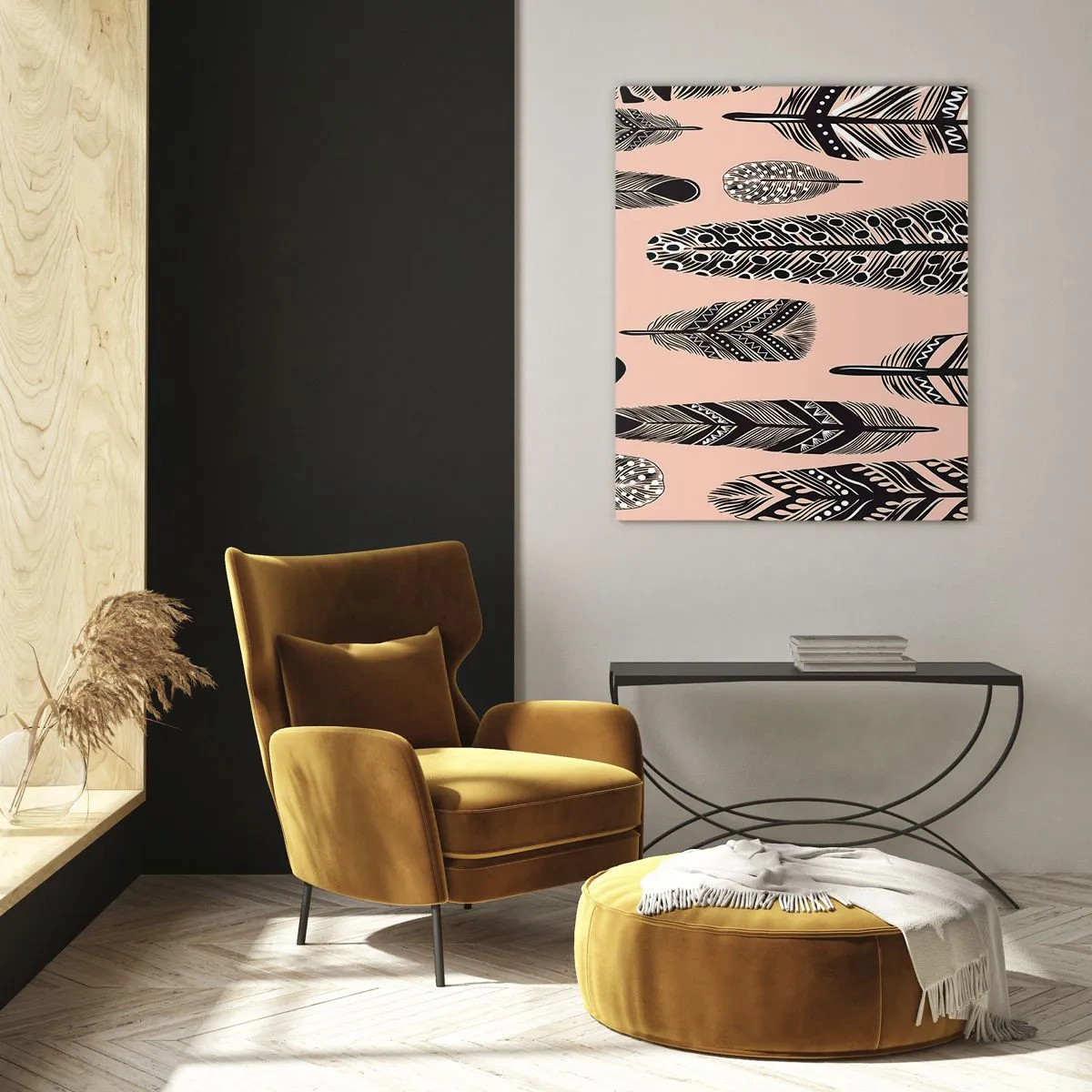 Impression sur verre - Image sur verre - Plumes décoratives sur fond clair - 80x120cm - Collection indienne - Décoration murale moderne pour le salon et la chambre ARTTOR