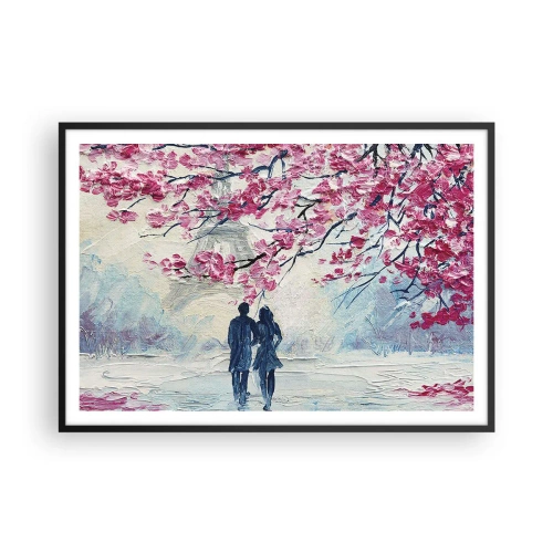 Affiche dans un cadre noir - Poster - Un couple sous des arbres roses en fleurs dans un cadre romantique - 100x70cm - Ballade romantique - Décoration murale moderne pour le salon et la chambre ARTTOR