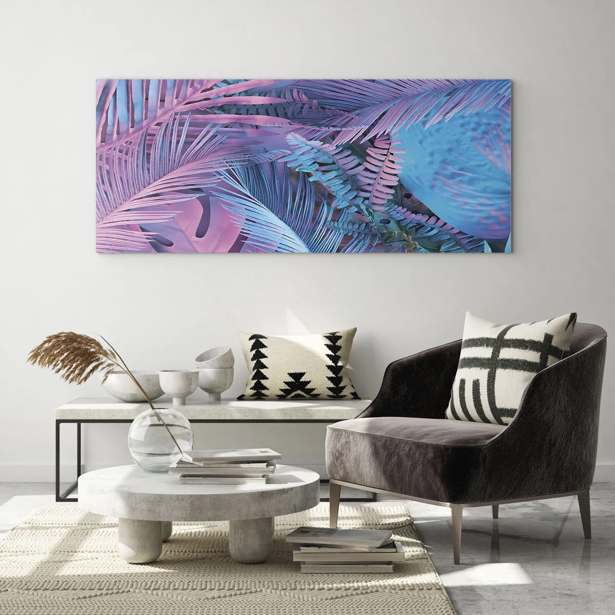 Impression sur verre - Image sur verre - Feuilles tropicales dans les tons de rose et de bleu - 160x50cm - Les tropiques en rose et bleu - Décoration murale moderne pour le salon et la chambre ARTTOR