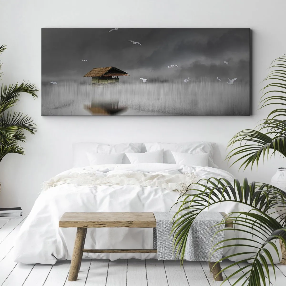 Impression sur toile - Image sur toile - Un chalet solitaire sur l'eau entouré de brouillard et d'oiseaux - 120x50cm - A l'abri de la pluie - Décoration murale moderne pour le salon et la chambre ARTTOR
