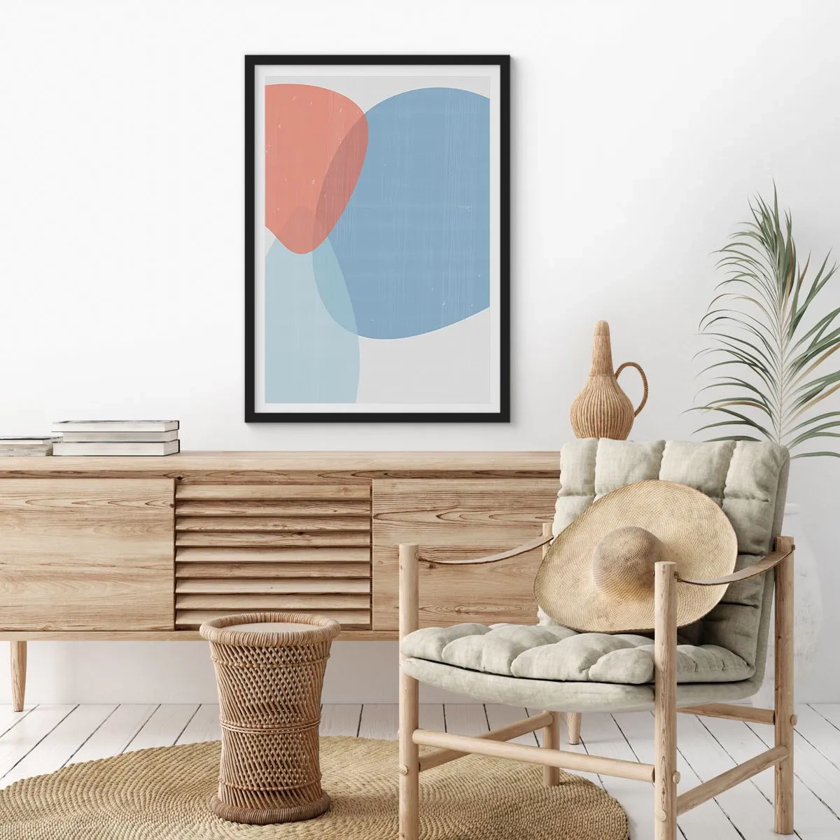 Affiche dans un cadre noir - Poster - Formes abstraites dans les tons bleus et beiges - 50x70cm - Relations pastel - Décoration murale moderne pour le salon et la chambre ARTTOR