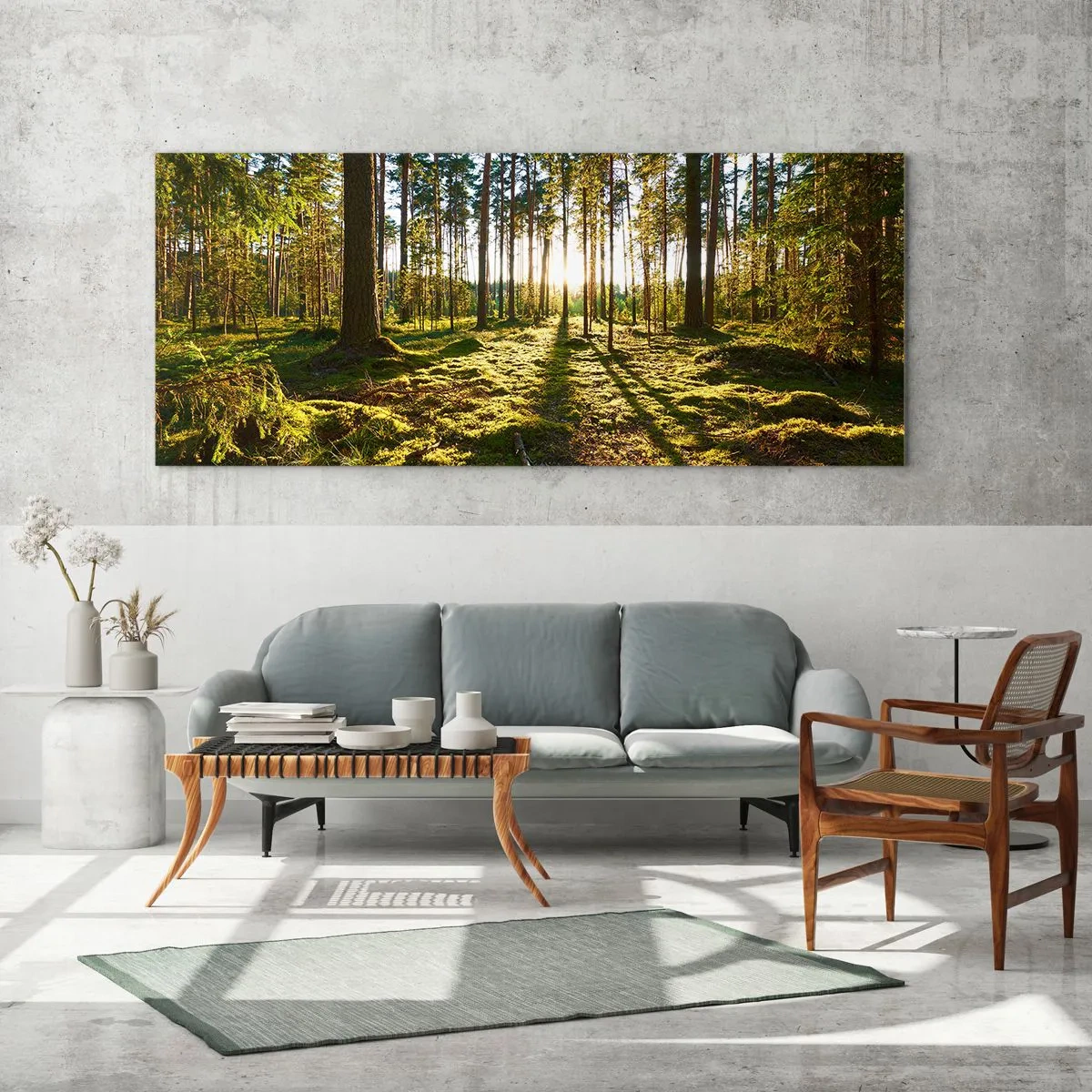 Impression sur verre - Image sur verre - Forêt verte illuminée par la lumière du soleil sur la mousse - 120x50cm - … Derrière les sept forêts - Décoration murale moderne pour le salon et la chambre ARTTOR