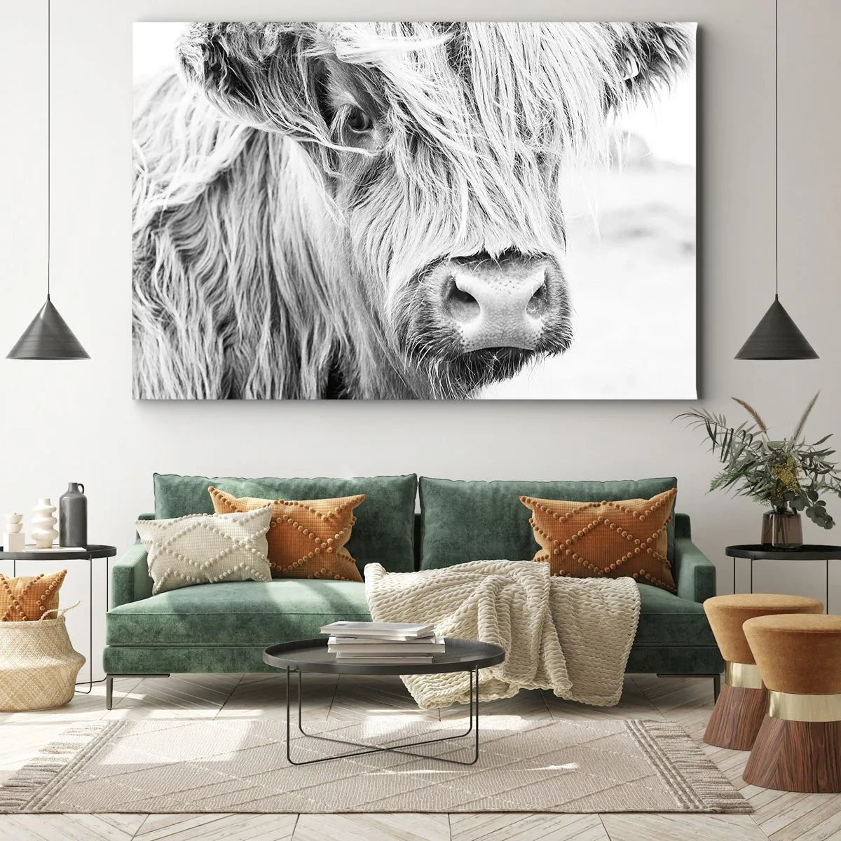 Impression sur toile - Image sur toile - Portrait d'une vache écossaise en noir et blanc - 100x70cm - Sauvagerie écossaise - Décoration murale moderne pour le salon et la chambre ARTTOR