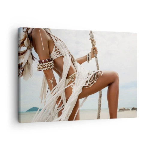 Impression sur toile - Image sur toile - Figure d'une femme portant des ornements et des vêtements ethniques sur fond de paysage tropical. - 70x50cm - Prêtresse du soleil - Décoration murale moderne pour le salon et la chambre ARTTOR