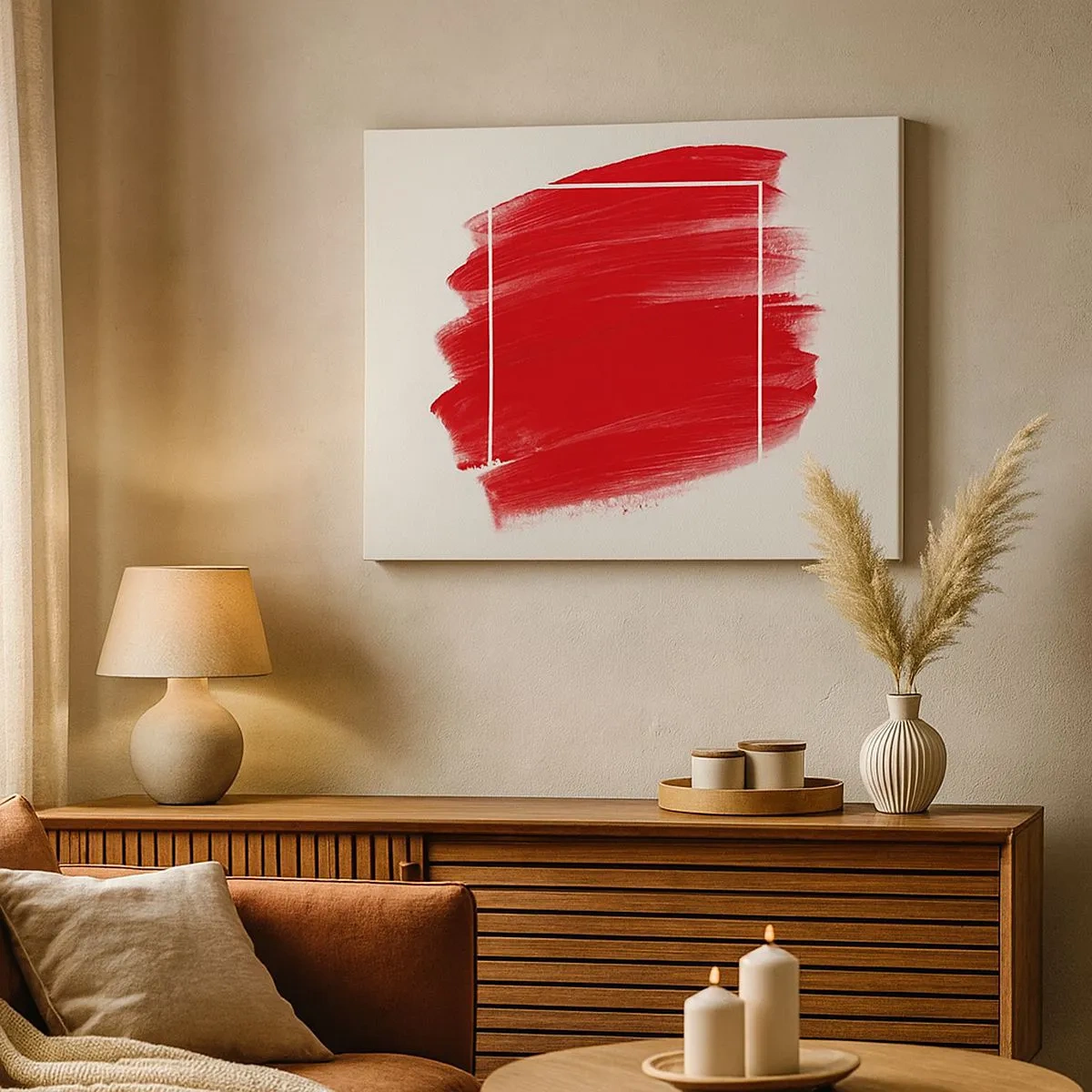 Impression sur toile - Image sur toile - Coup de pinceau rouge avec bordure blanche - 70x50cm - En dehors du cadre - Décoration murale moderne pour le salon et la chambre ARTTOR