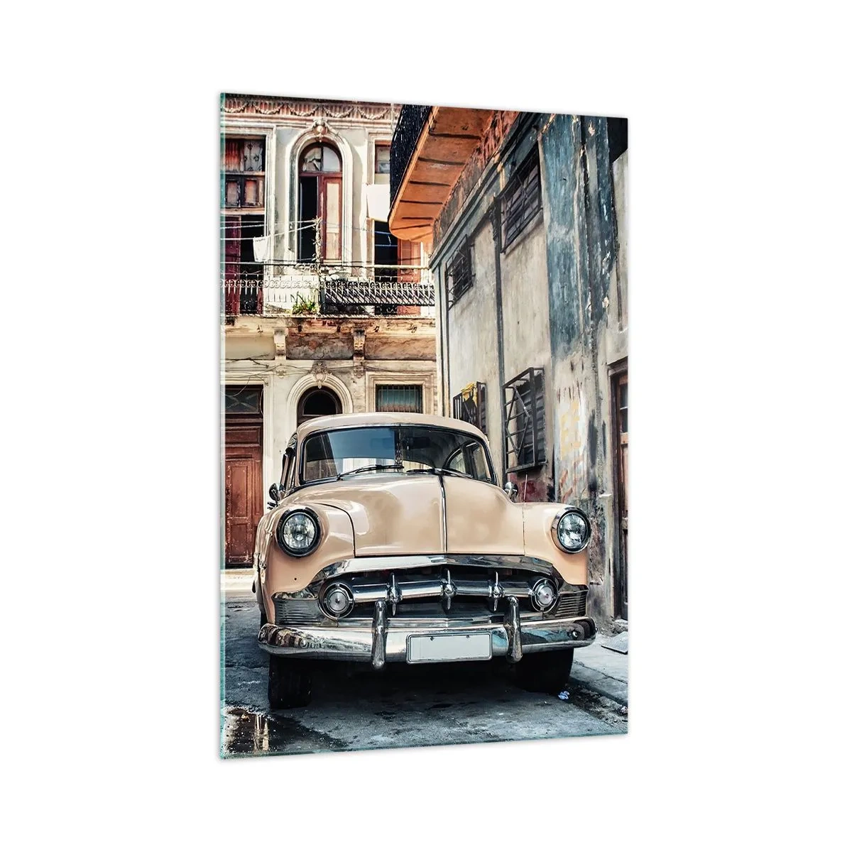 Impression sur verre - Image sur verre - Une voiture classique sur fond d'architecture urbaine - 70x100cm - Sieste à La Havane - Décoration murale moderne pour le salon et la chambre ARTTOR