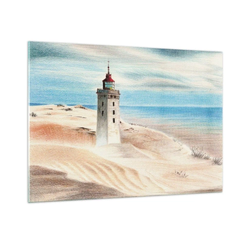 Impression sur verre - Image sur verre - Un phare sur une dune du désert au bord d'une mer calme - 100x70cm - Toujours regarder la mer - Décoration murale moderne pour le salon et la chambre ARTTOR