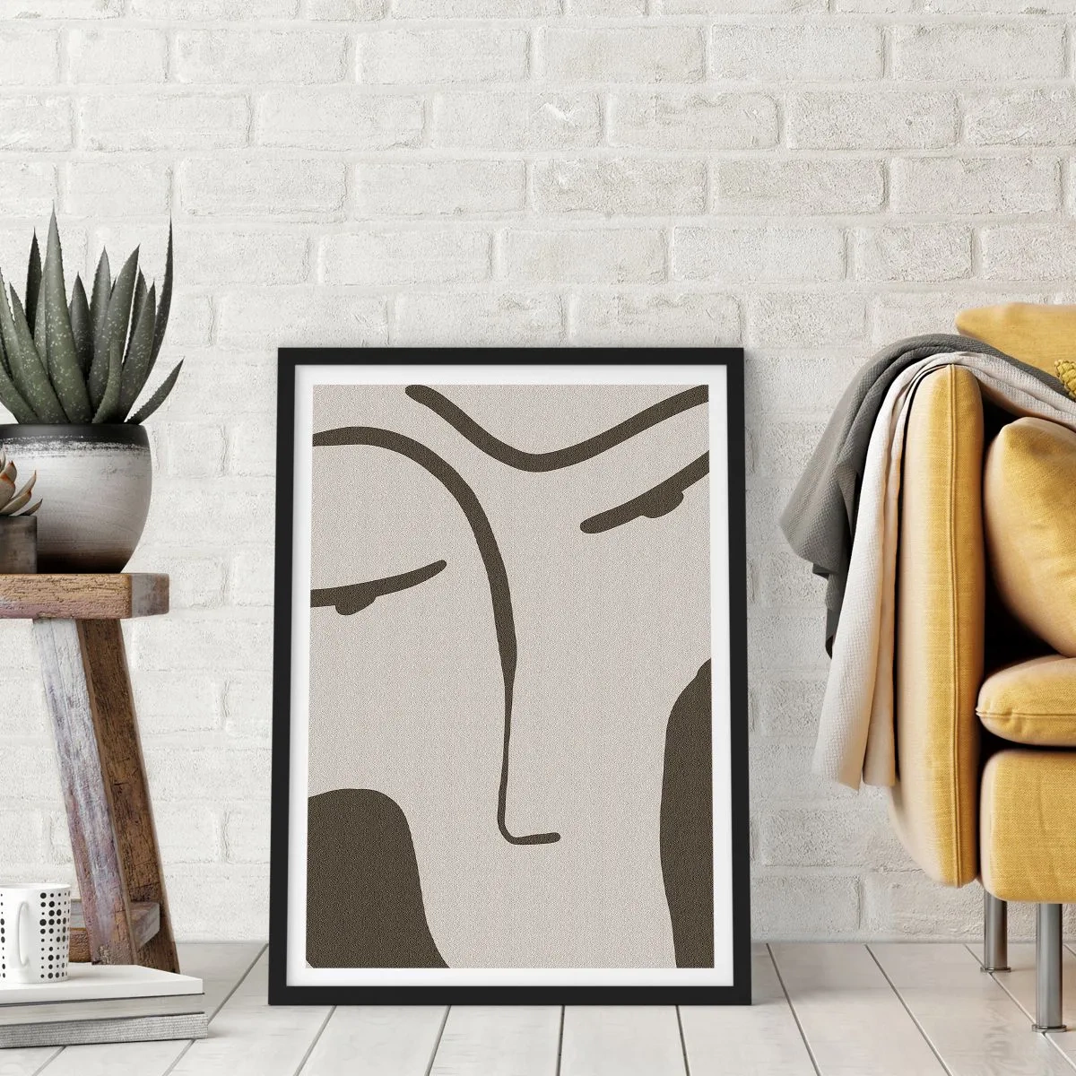Affiche dans un cadre noir - Poster - Portrait de visage minimaliste - 50x70cm - Comme un tableau de Modigliani - Décoration murale moderne pour le salon et la chambre ARTTOR