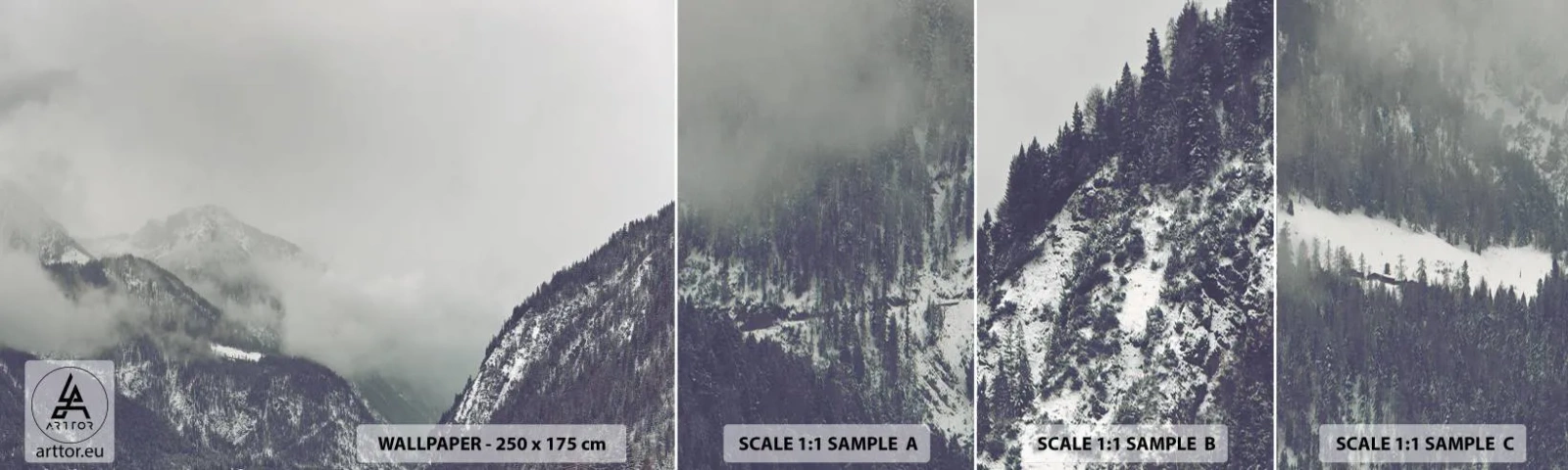 Échantillon De Papier Peint Standard Eco - Vallée brumeuse - Montagnes, Forêt, Paysage - 100x30 cm