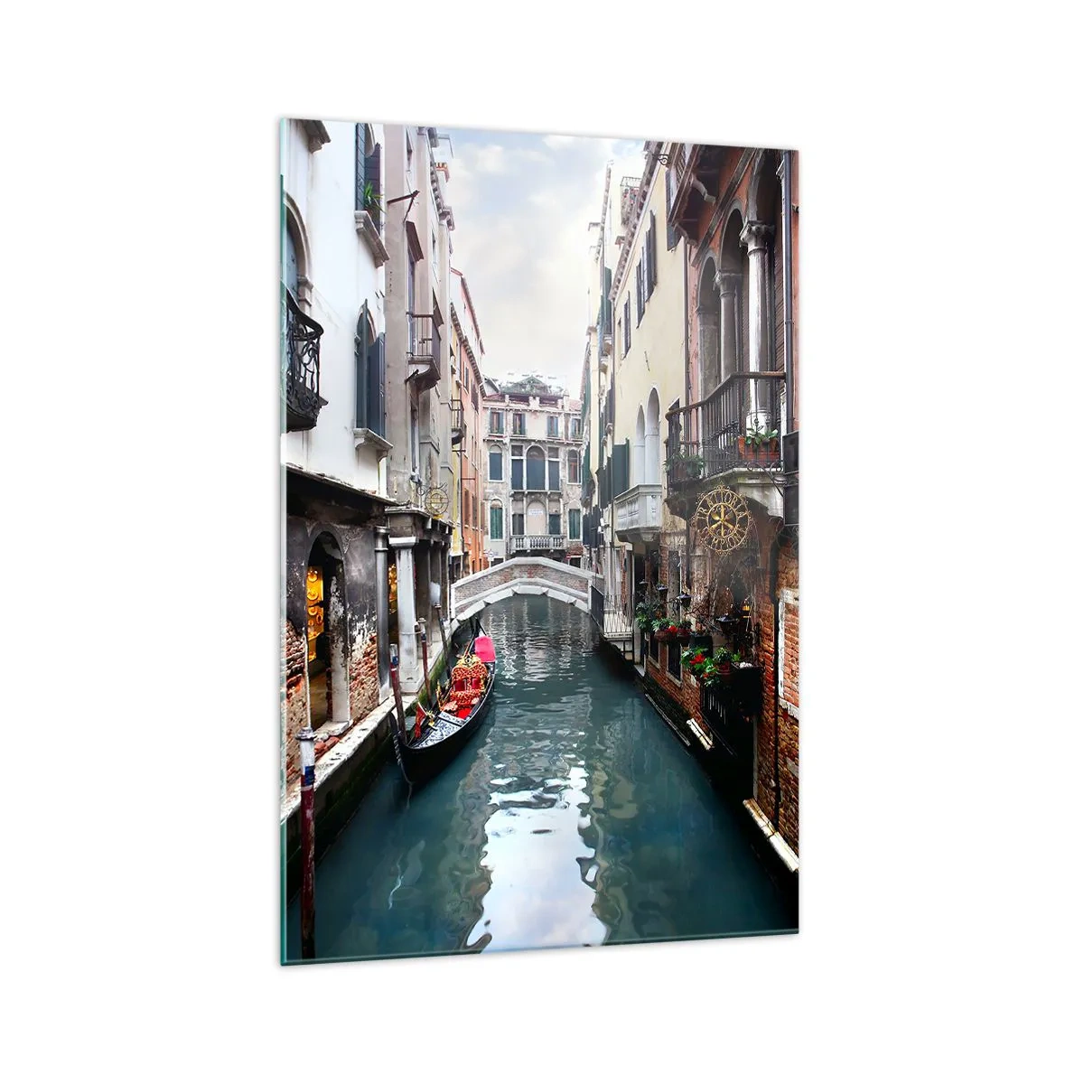 Impression sur verre - Image sur verre - Un canal à Venise avec une gondole et des bâtiments historiques - 70x100cm - Paysage vénitien avec une gondole et un pont - Décoration murale moderne pour le salon et la chambre ARTTOR