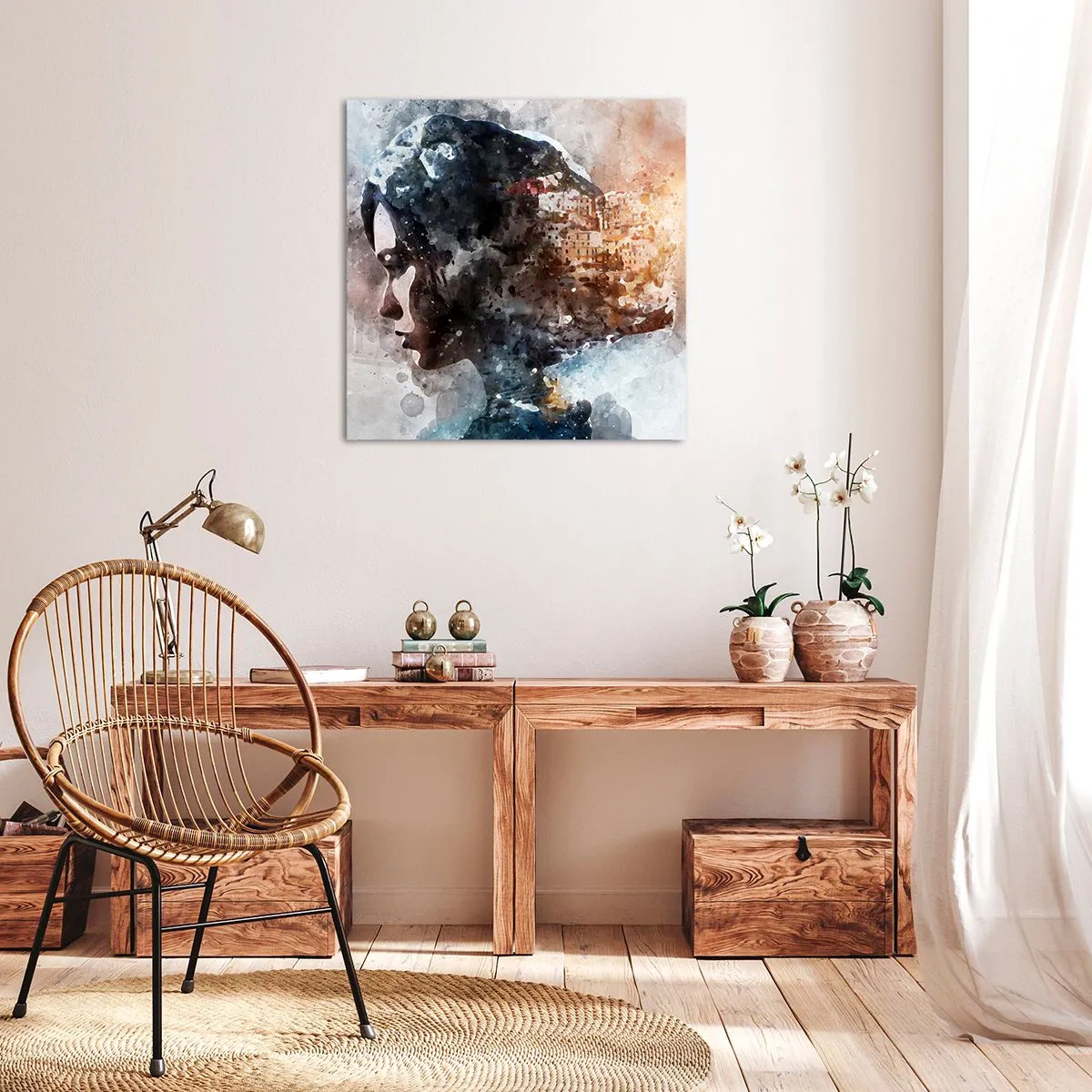 Impression sur toile - Image sur toile - L'histoire d'une fille avec une ville en arrière-plan - 40x40 cm