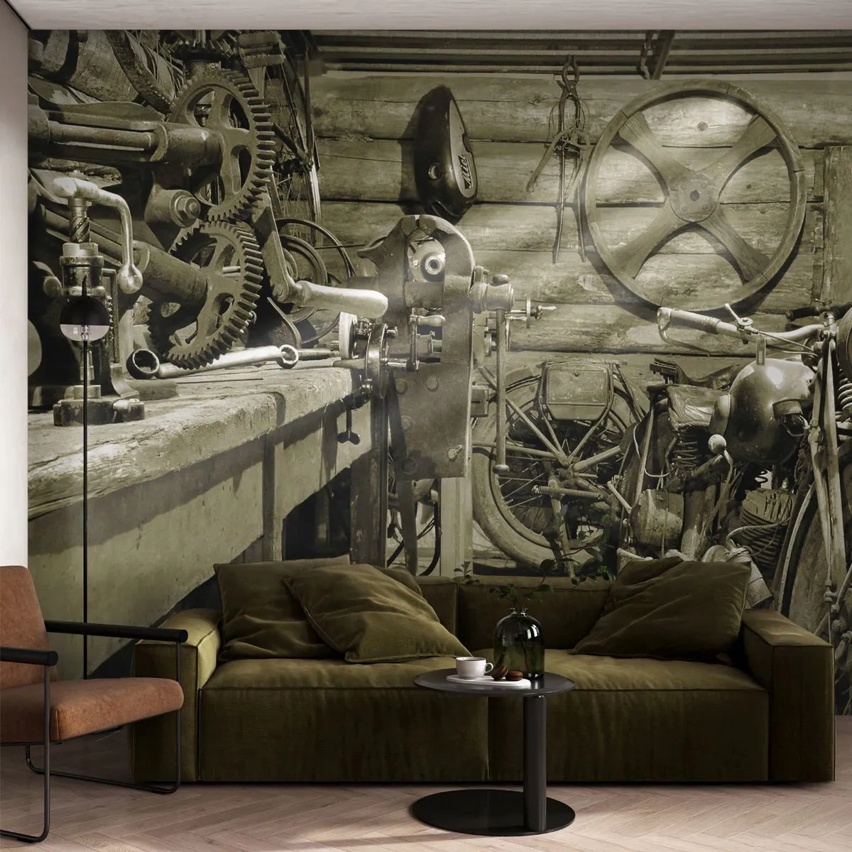 Papier Peint Photo Premium Canvas - Dans le hangar de l'oncle Władek - Moto, Atelier de réparation automobile, Ancien - 350x256 cm